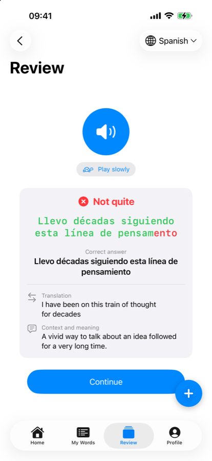 A dictation exercise in Lexilo showing the correction, the translation and the context