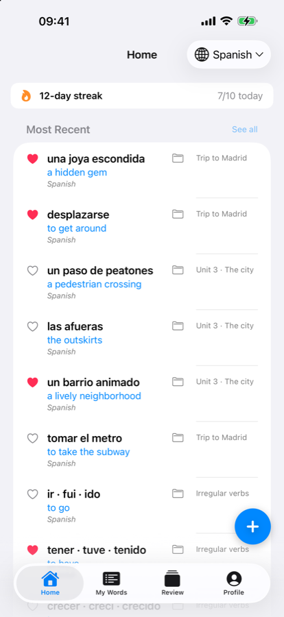 The Lexilo home screen listing saved words with their translations