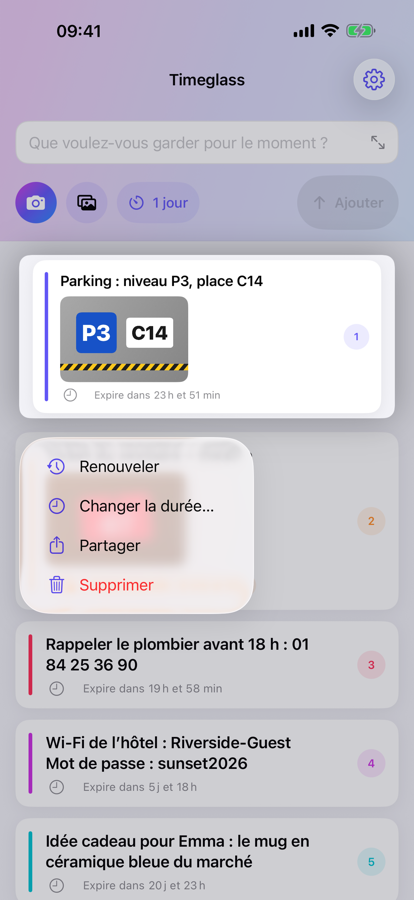 Le menu d’actions d’une note : renouveler, changer la durée, partager ou supprimer