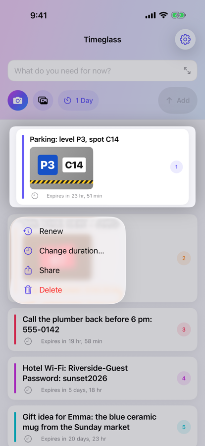 The actions menu on a note: renew, change duration, share or delete